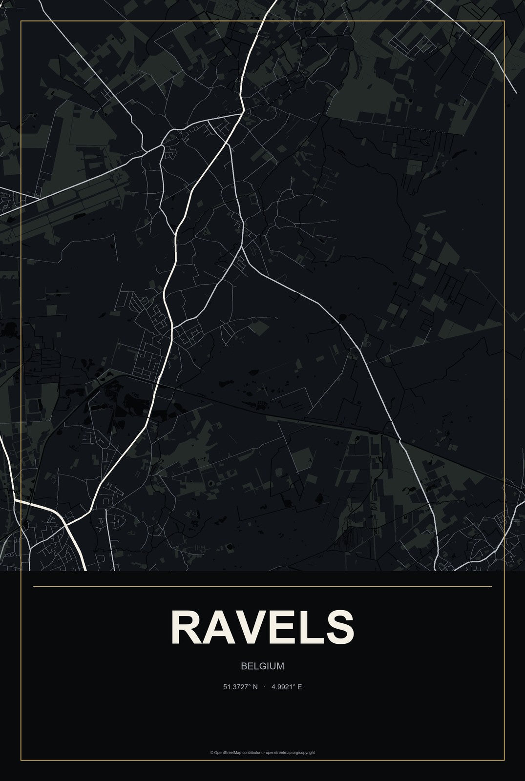 Ravels, Belgium City Map Aluminum Sign in Metropolitan Noir style