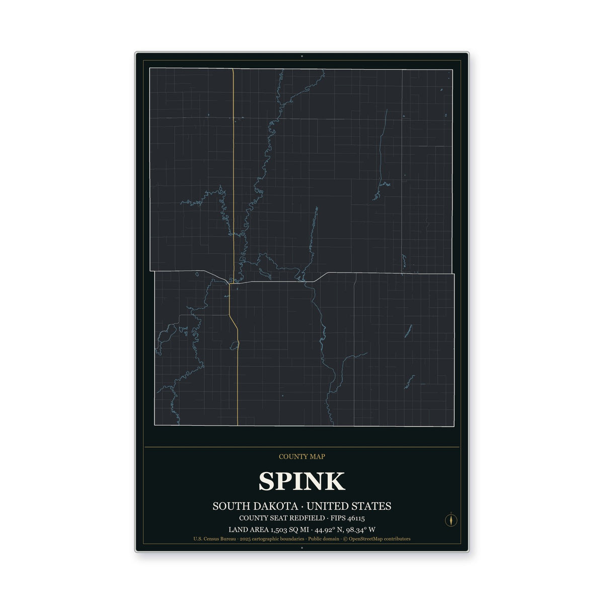 Spink County, South Dakota Map Aluminum Sign in Metropolitan Noir style