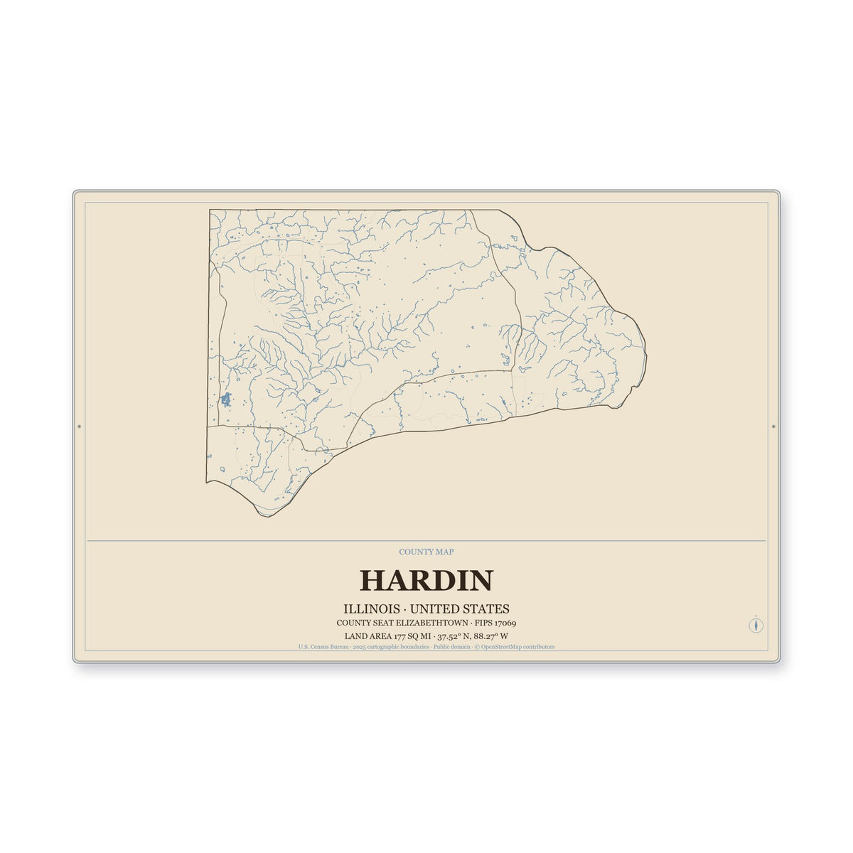 Hardin County, Illinois Map Aluminum Sign in Heritage Nautical style