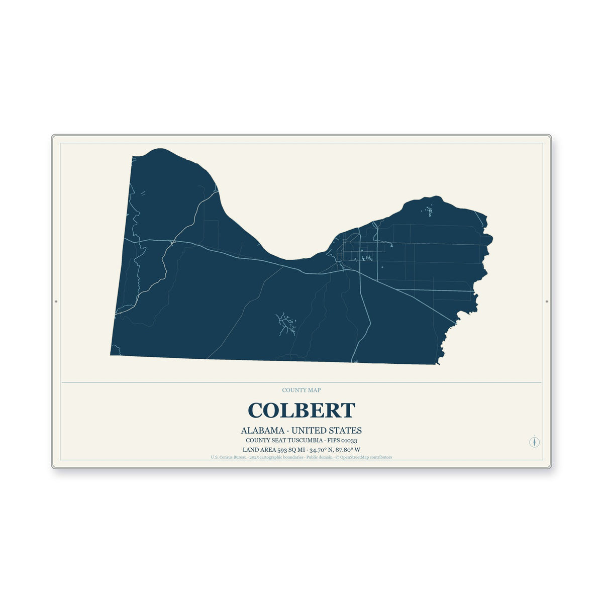Colbert County, Alabama Map Aluminum Sign in Coastal Cutout style