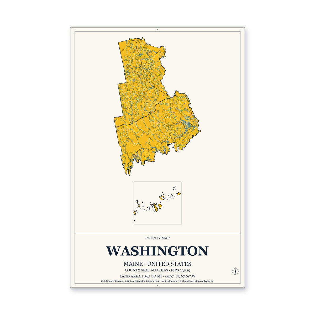 Washington County, Maine Map Aluminum Sign in Citrine Modern style