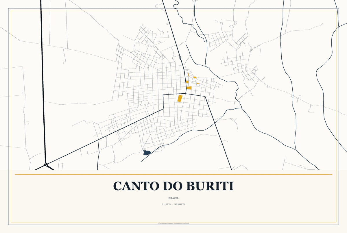 Canto do Buriti, Brazil City Map Aluminum Sign in Citrine Modern style