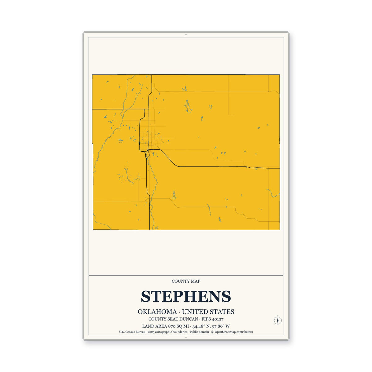Stephens County, Oklahoma Map Aluminum Sign in Citrine Modern style