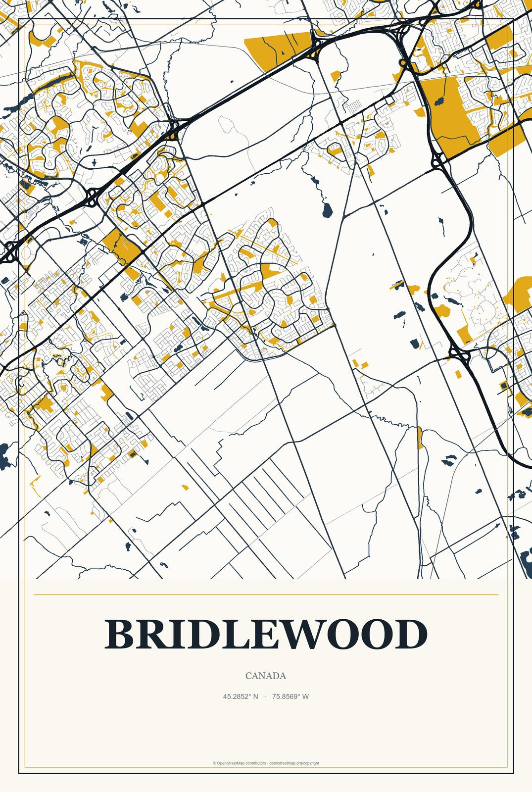 Bridlewood, Canada City Map Aluminum Sign in Citrine Modern style
