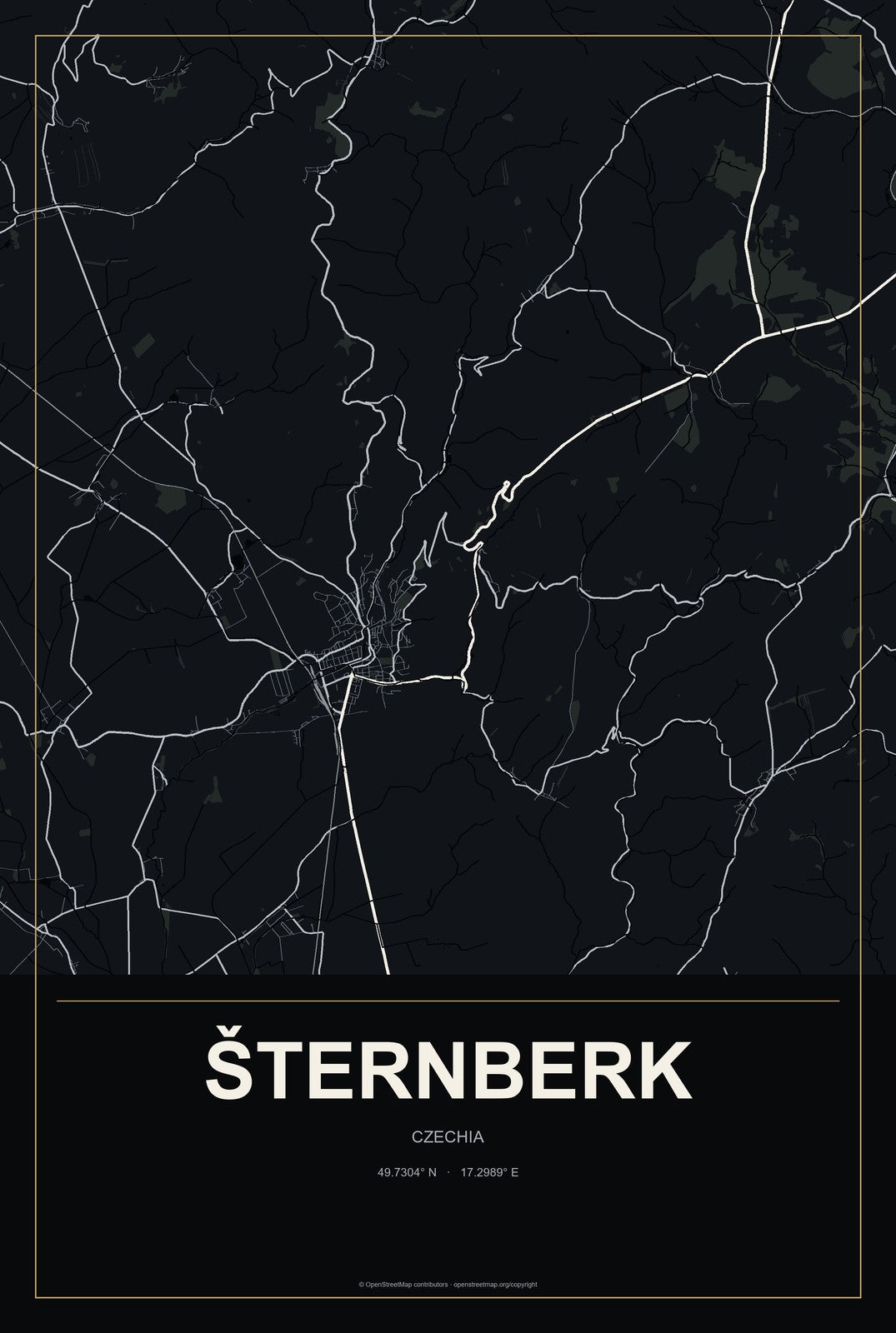 Šternberk, Czechia City Map Aluminum Sign in Metropolitan Noir style