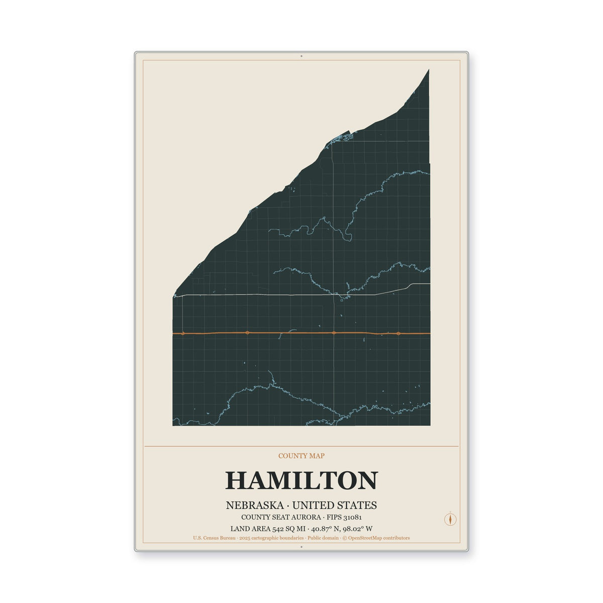 Hamilton County, Nebraska Map Aluminum Sign in Headline Atlas style