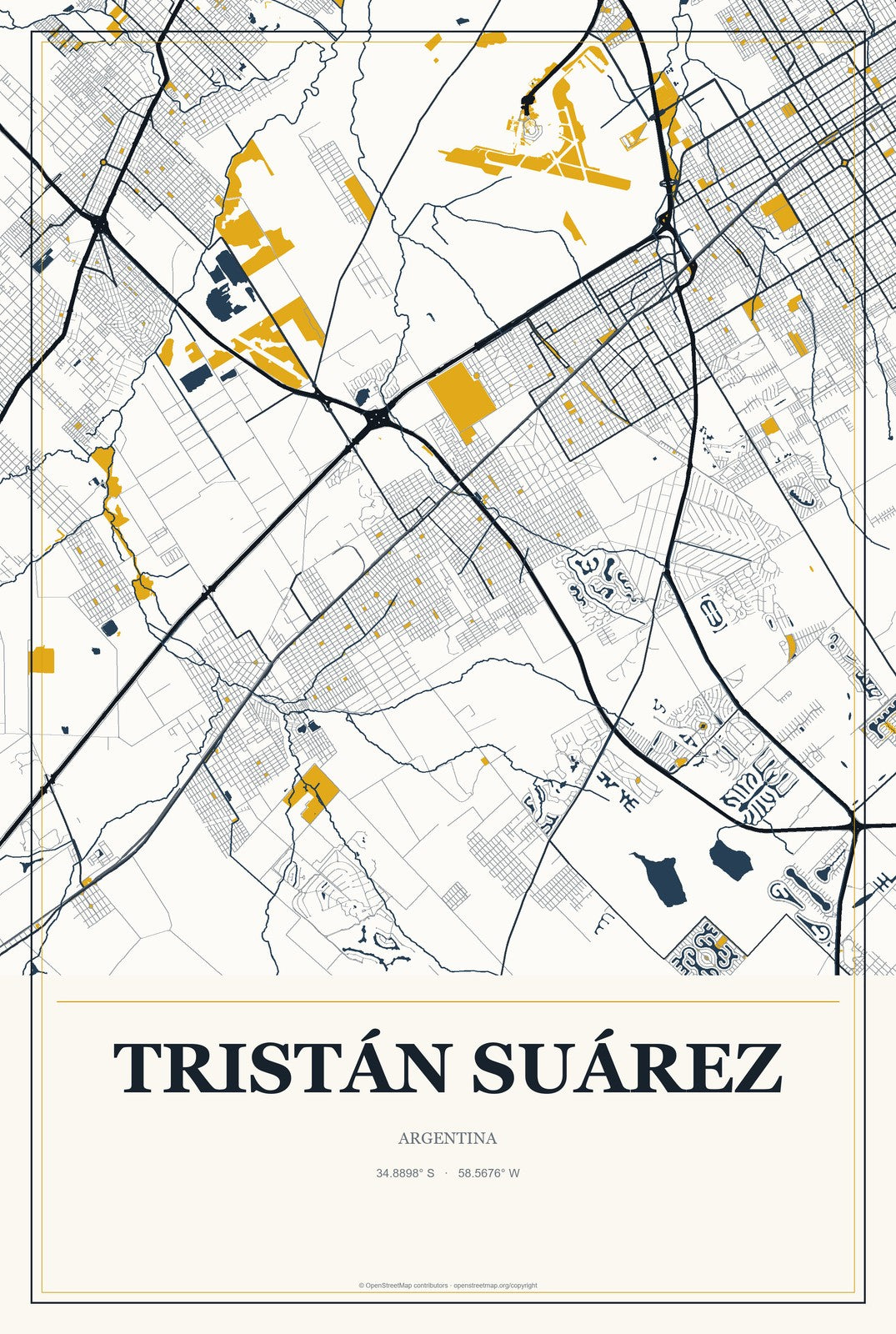 Tristán Suárez, Argentina City Map Aluminum Sign in Citrine Modern style