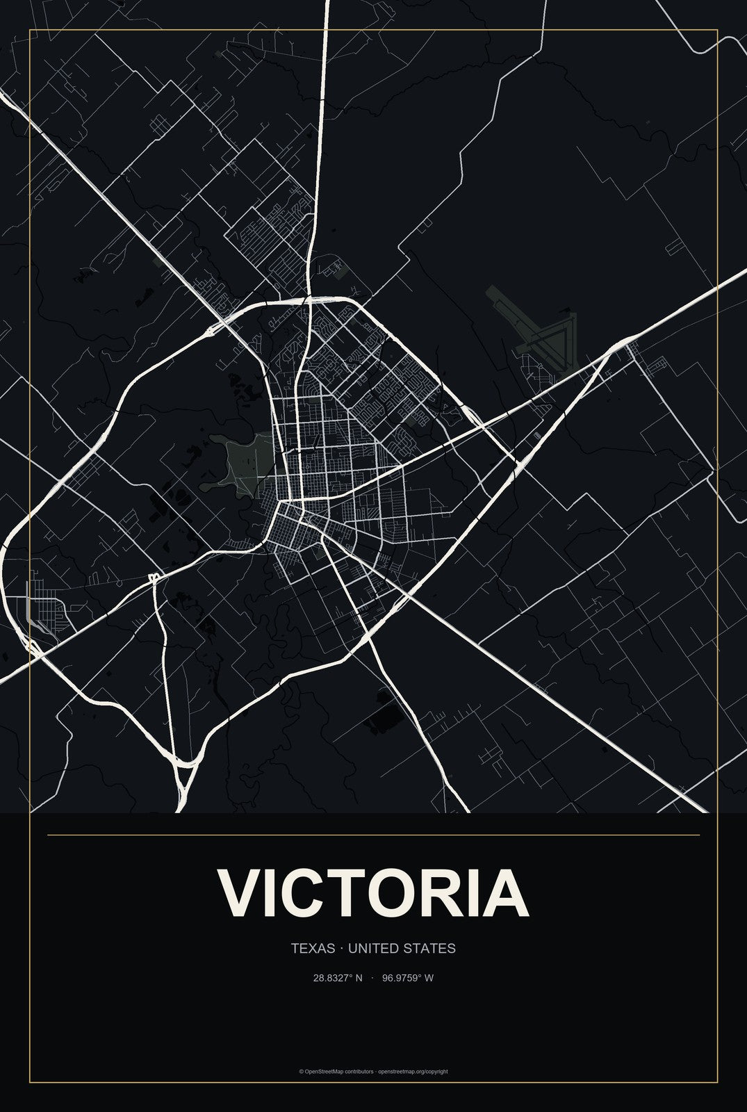 Victoria, Texas City Map Aluminum Sign in Metropolitan Noir style
