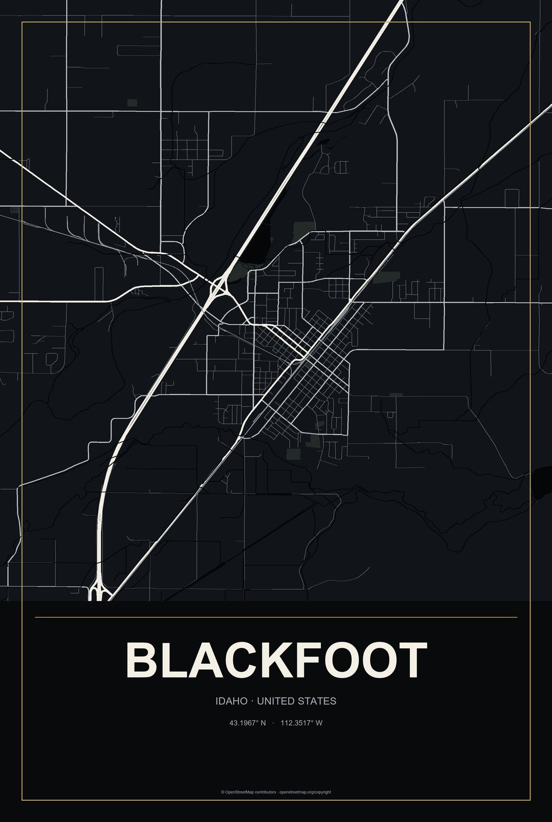 Blackfoot, Idaho City Map Aluminum Sign in Metropolitan Noir style