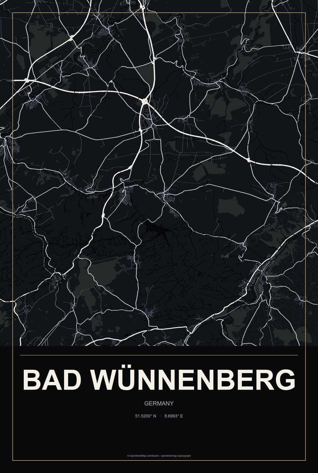 Bad Wünnenberg, Germany City Map Aluminum Sign in Metropolitan Noir style