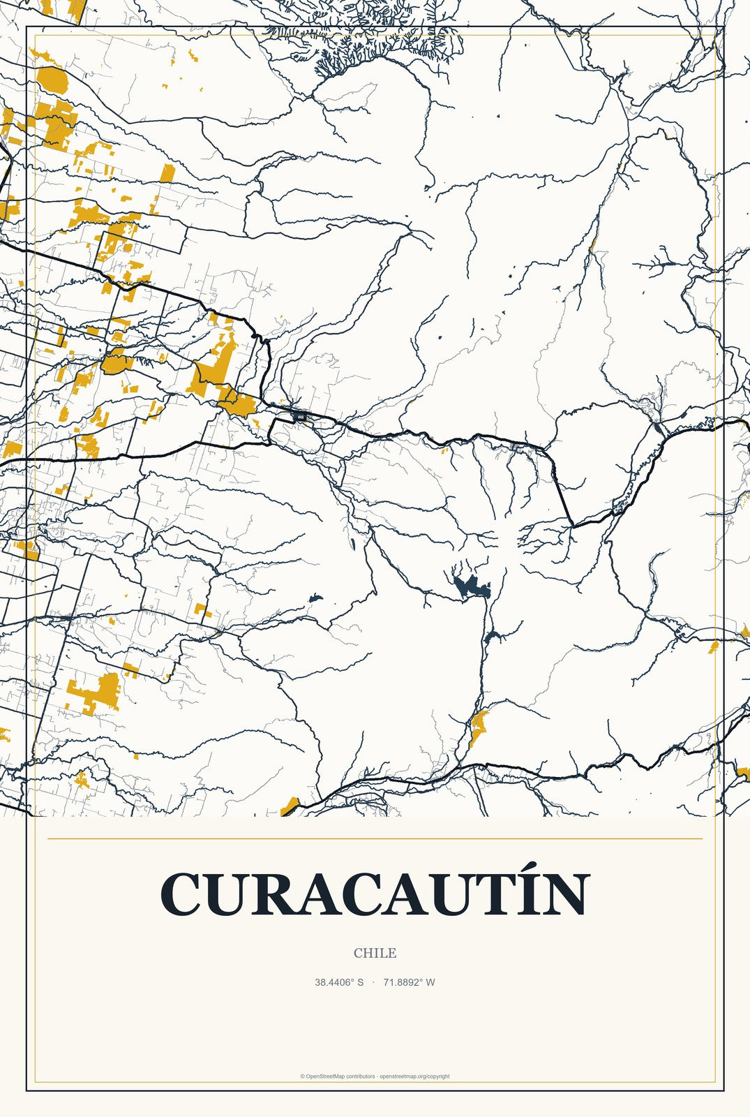 Curacautín, Chile City Map Aluminum Sign in Citrine Modern style