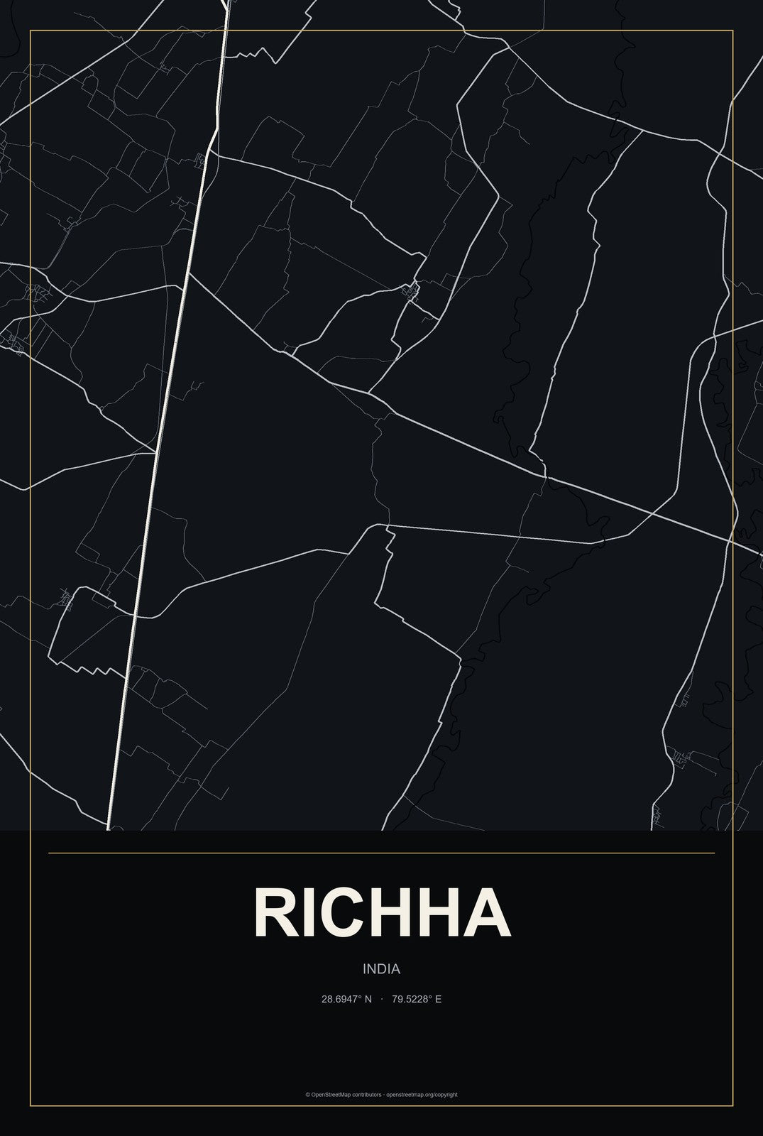 Richha, India City Map Aluminum Sign in Metropolitan Noir style
