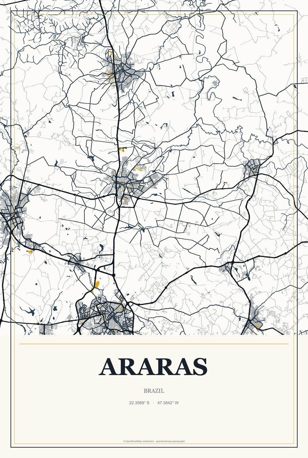 Araras, Brazil City Map Aluminum Sign in Citrine Modern style