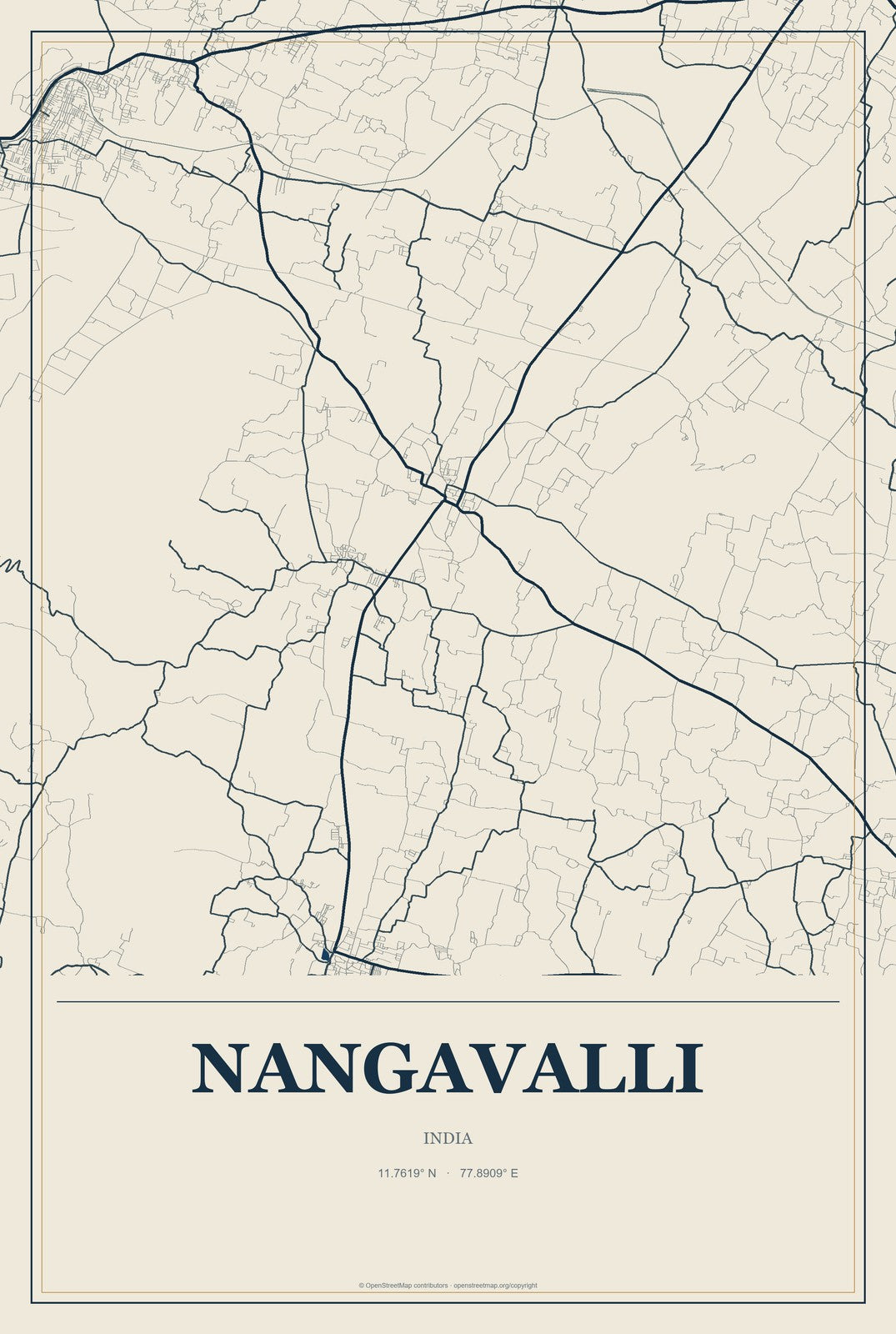 Nangavalli, India City Map Aluminum Sign in Coastal Cutout style
