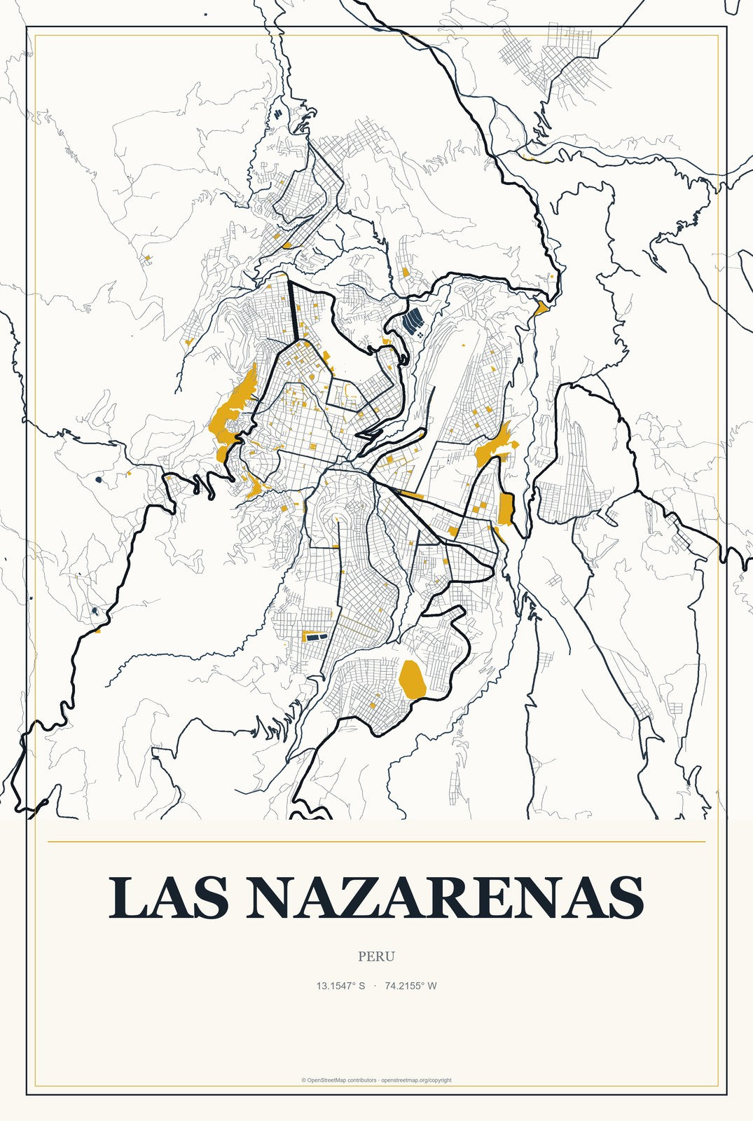 Las Nazarenas, Peru City Map Aluminum Sign in Citrine Modern style