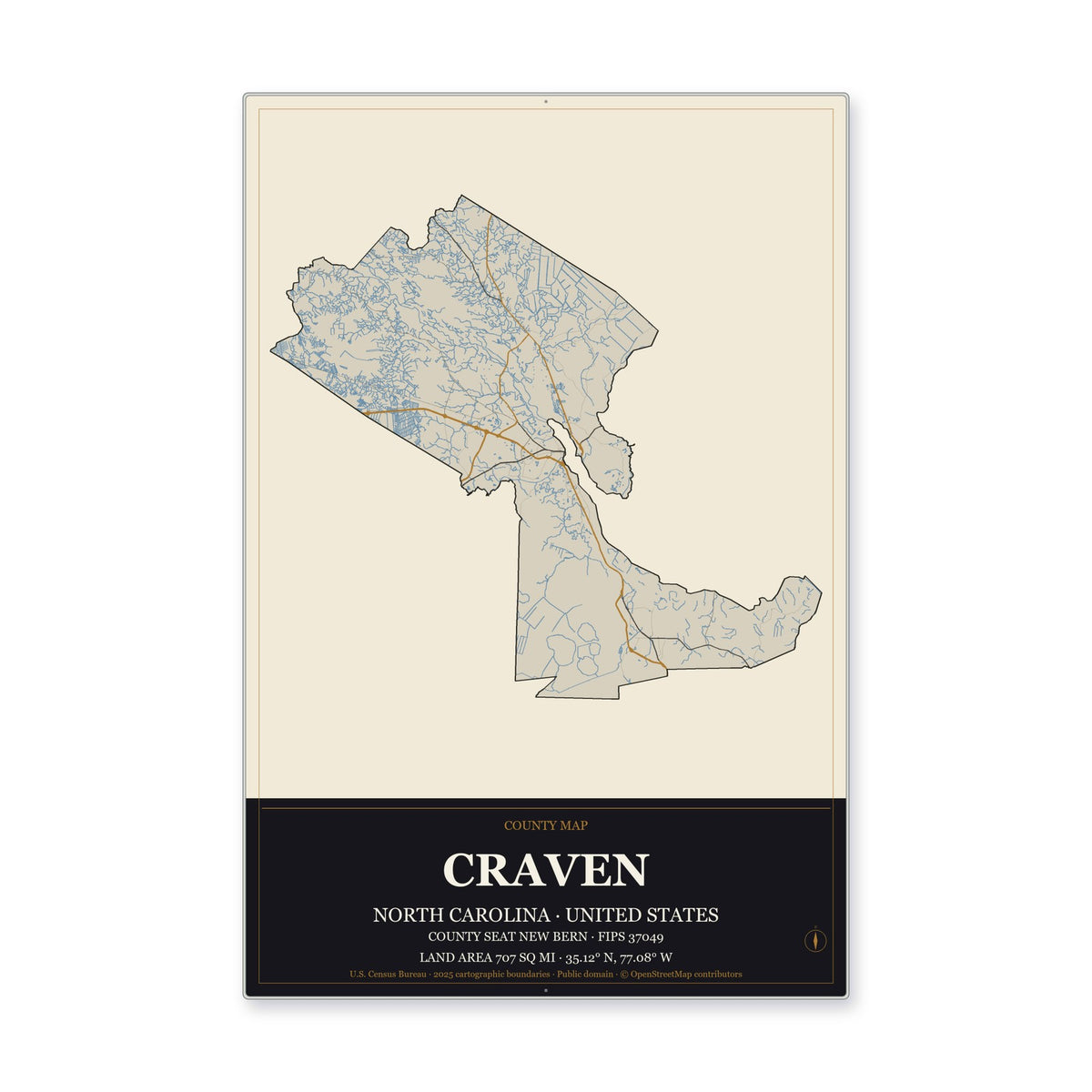 Craven County, North Carolina Map Aluminum Sign in Museum Plaque style