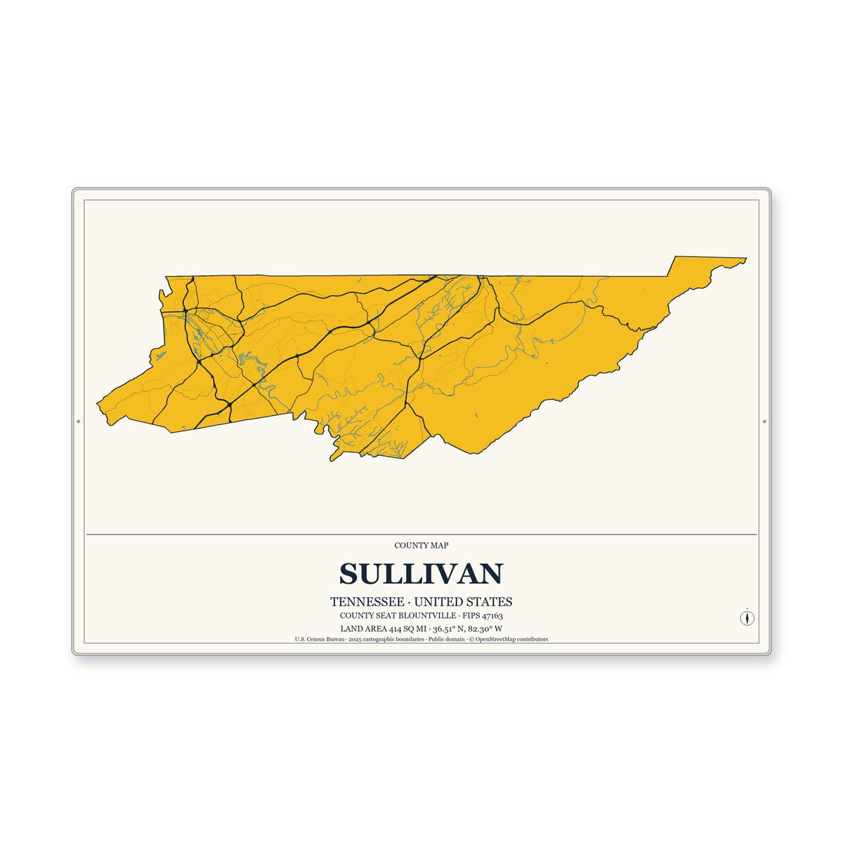 Sullivan County, Tennessee Map Aluminum Sign in Citrine Modern style