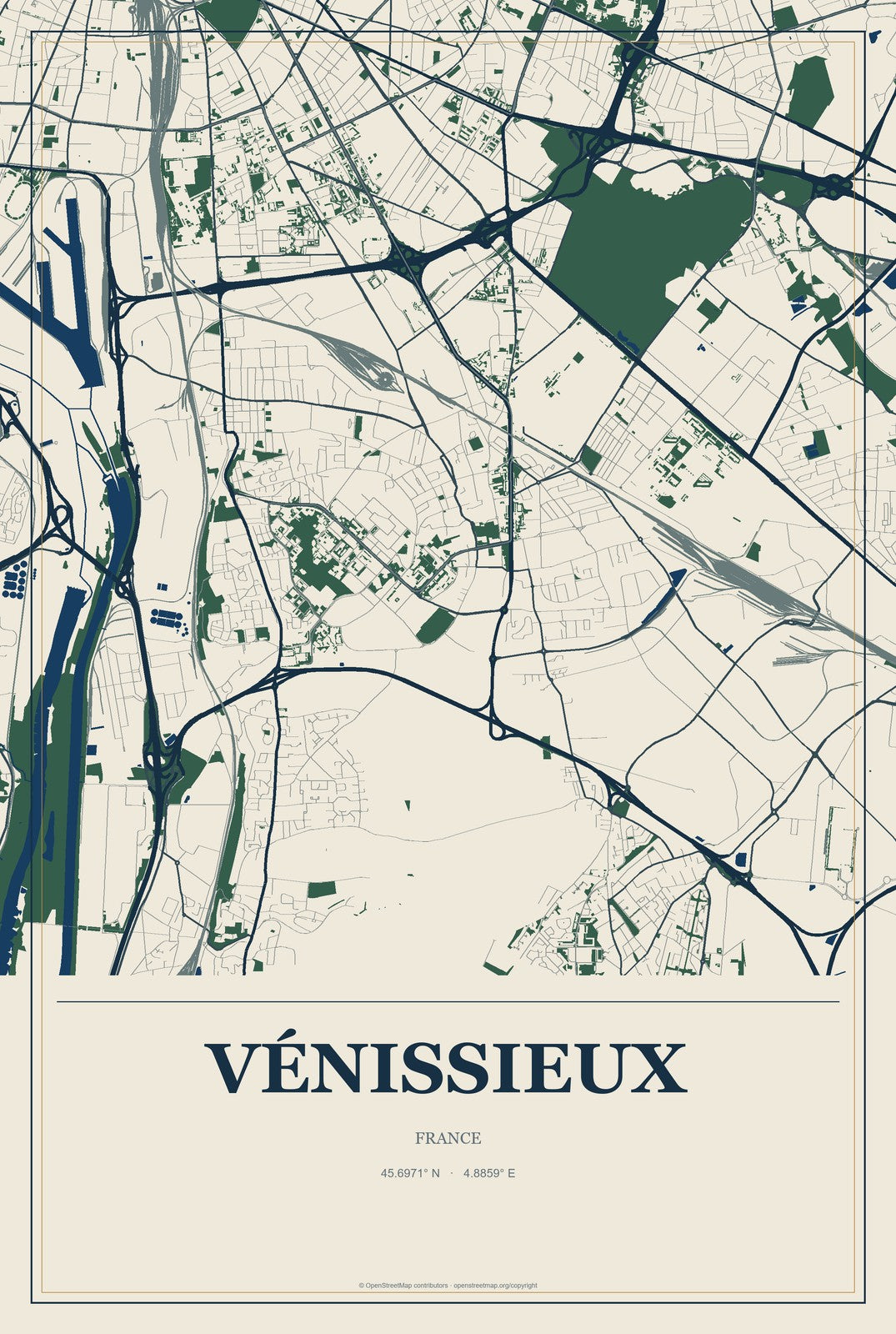 Vénissieux, France City Map Aluminum Sign in Coastal Cutout style