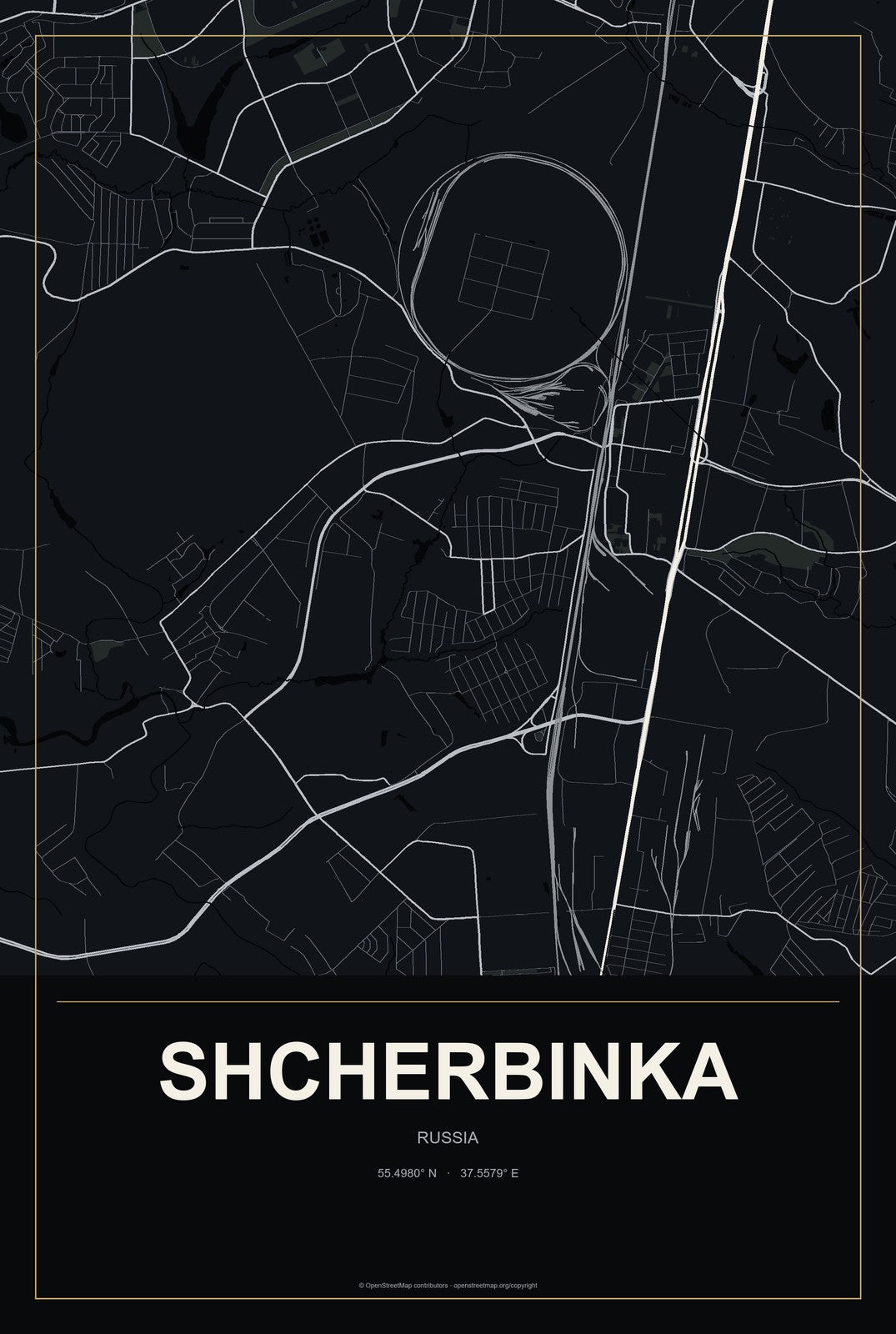 Shcherbinka, Russia City Map Aluminum Sign in Metropolitan Noir style