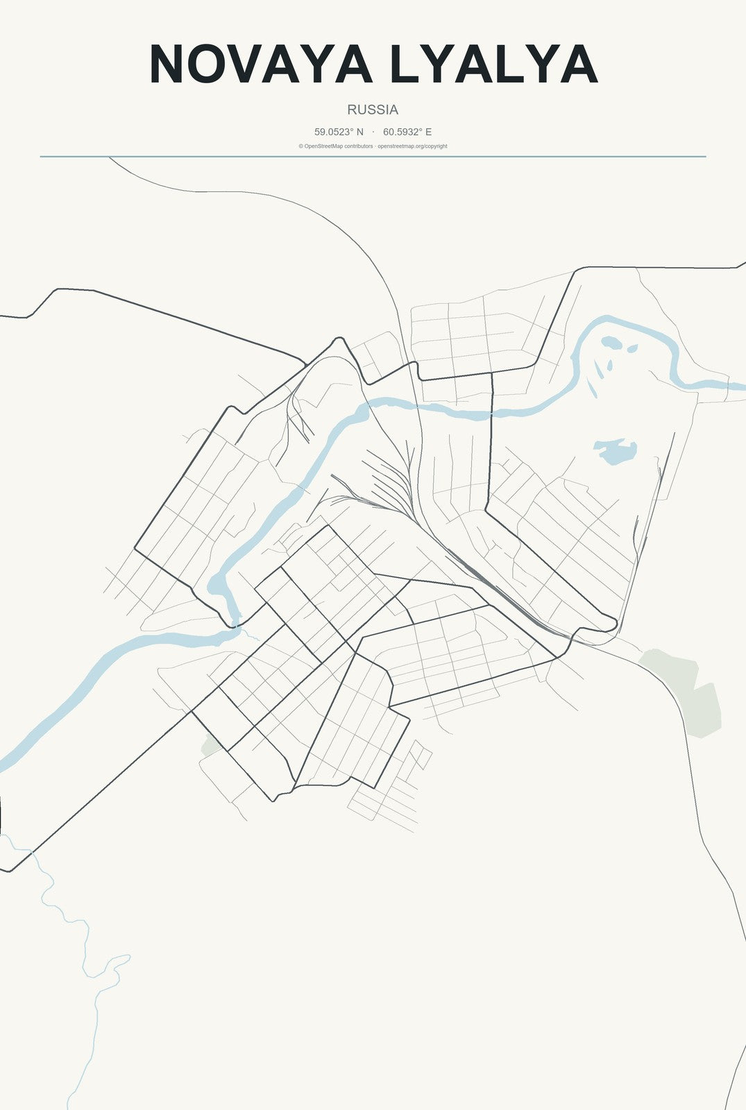 Novaya Lyalya, Russia City Map Aluminum Sign in Headline Atlas style