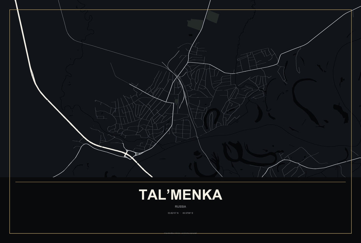 Tal’menka, Russia City Map Aluminum Sign in Metropolitan Noir style