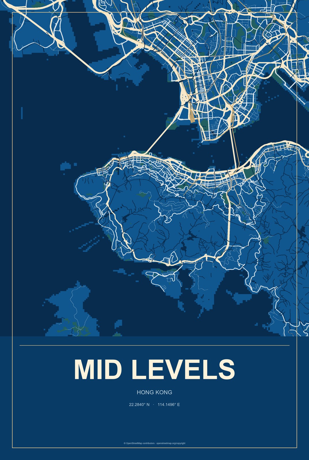 Mid Levels, Hong Kong City Map Aluminum Sign in Harbor Cobalt style