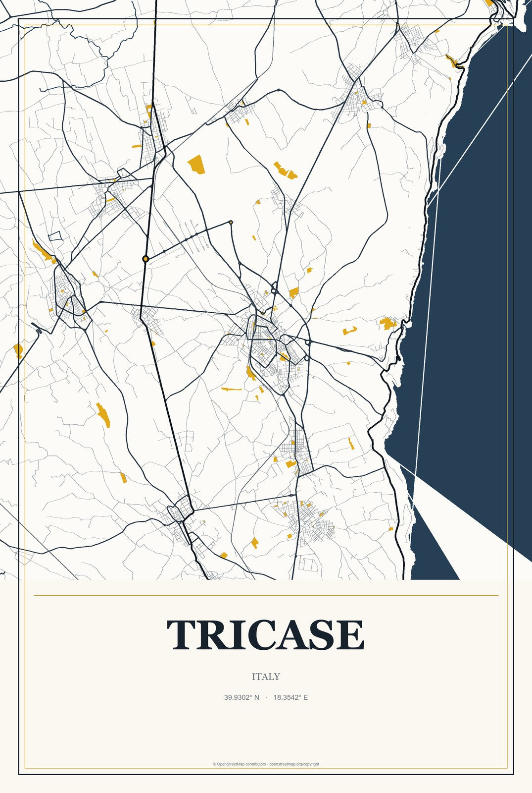 Tricase, Italy City Map Aluminum Sign in Citrine Modern style