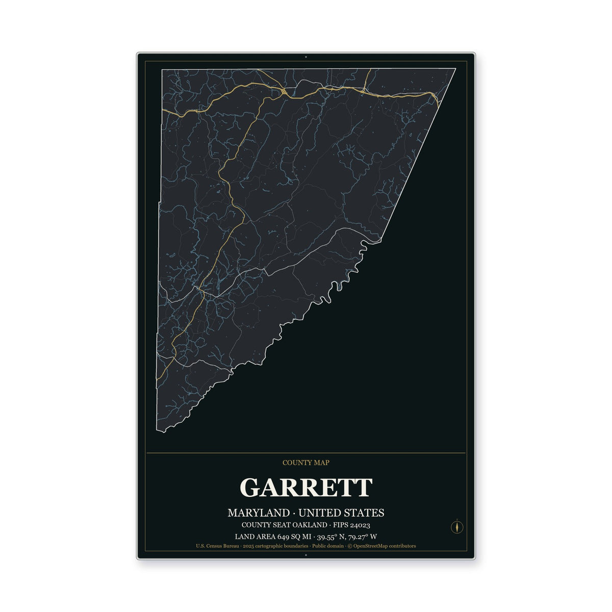 Garrett County, Maryland Map Aluminum Sign in Metropolitan Noir style
