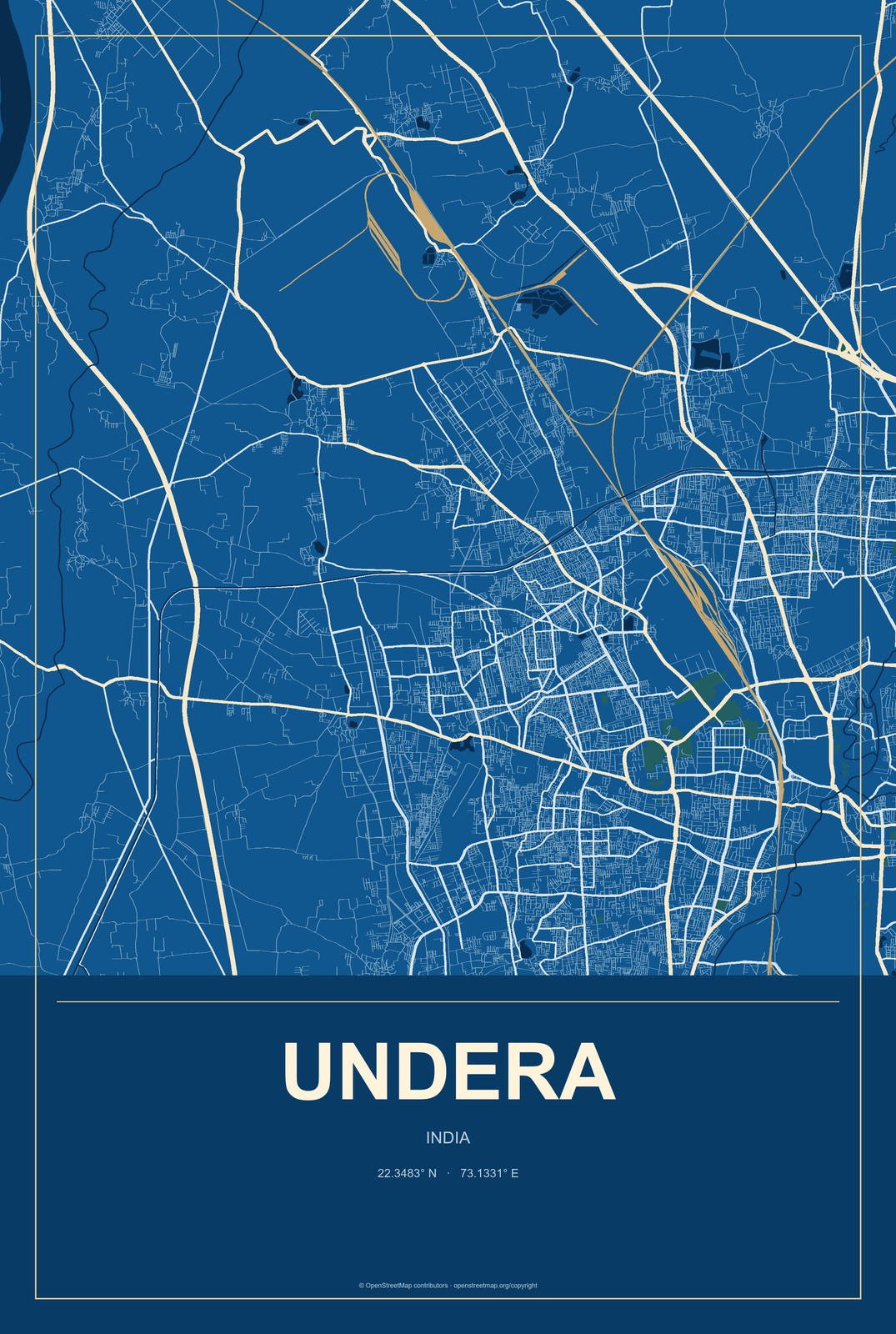 Undera, India City Map Aluminum Sign in Harbor Cobalt style