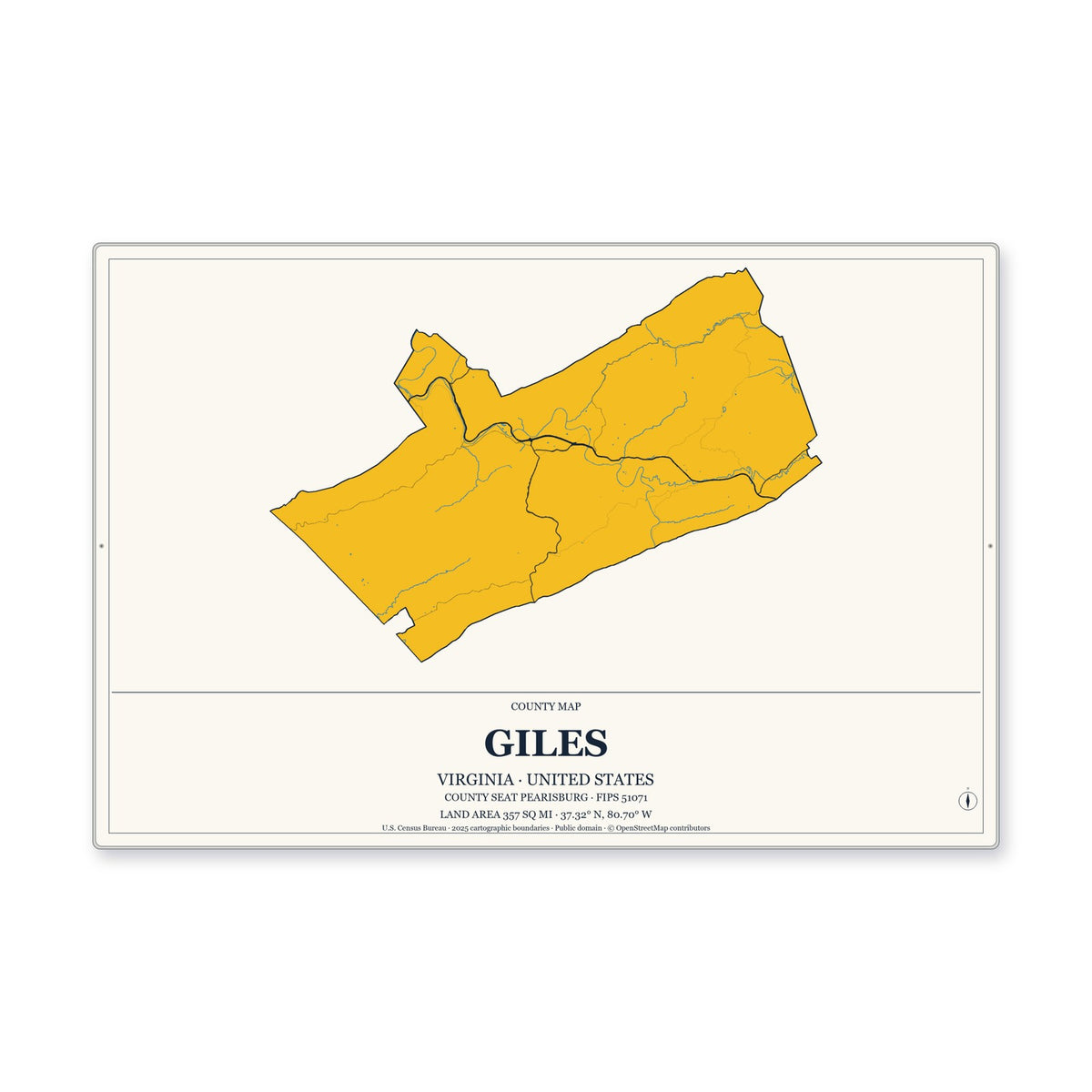 Giles County, Virginia Map Aluminum Sign in Citrine Modern style