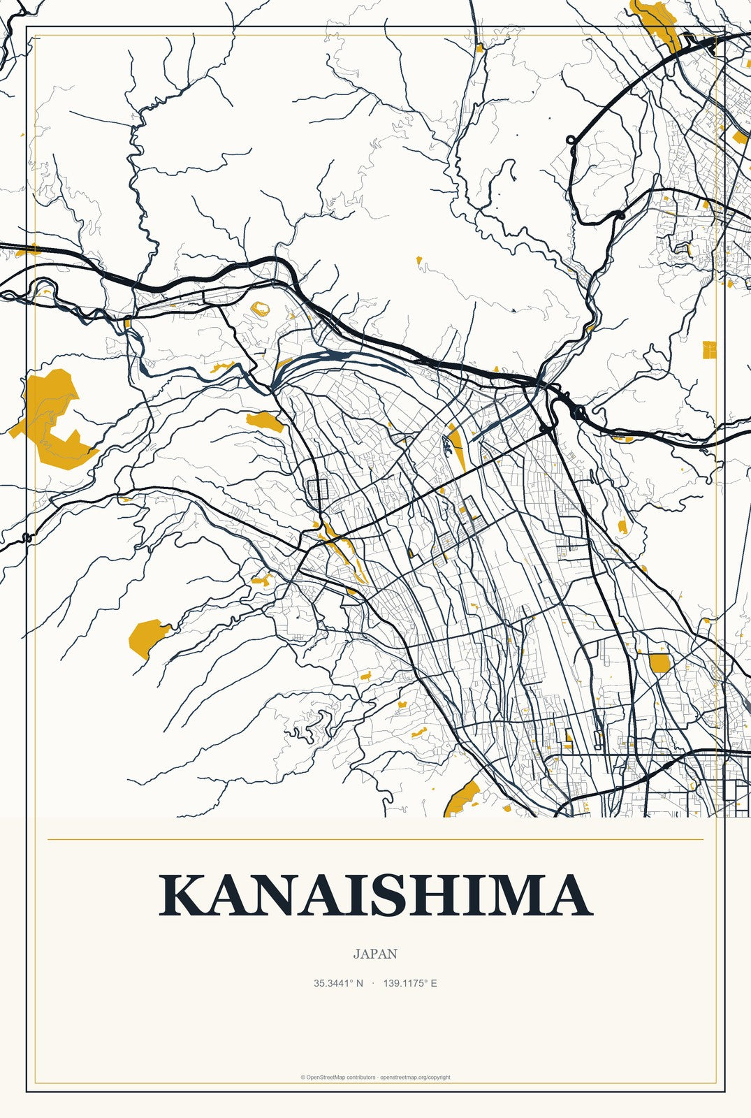 Kanaishima, Japan City Map Aluminum Sign in Citrine Modern style