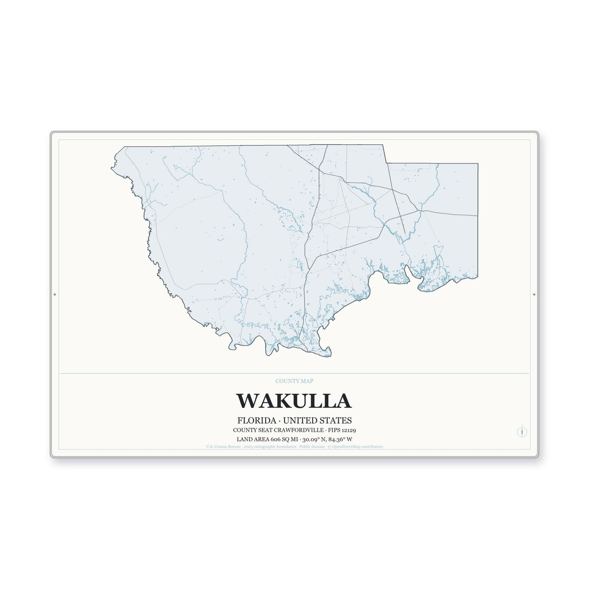 Wakulla County, Florida Map Aluminum Sign in Gallery Air style