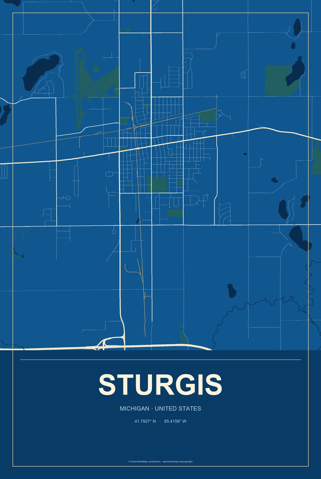 Sturgis, Michigan City Map Aluminum Sign in Harbor Cobalt style