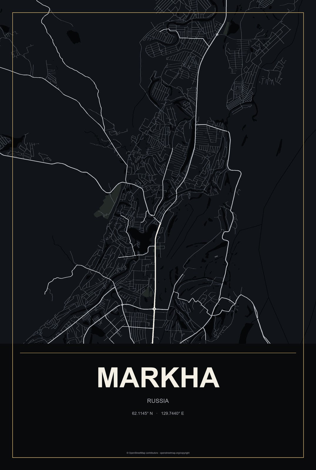 Markha, Russia City Map Aluminum Sign in Metropolitan Noir style