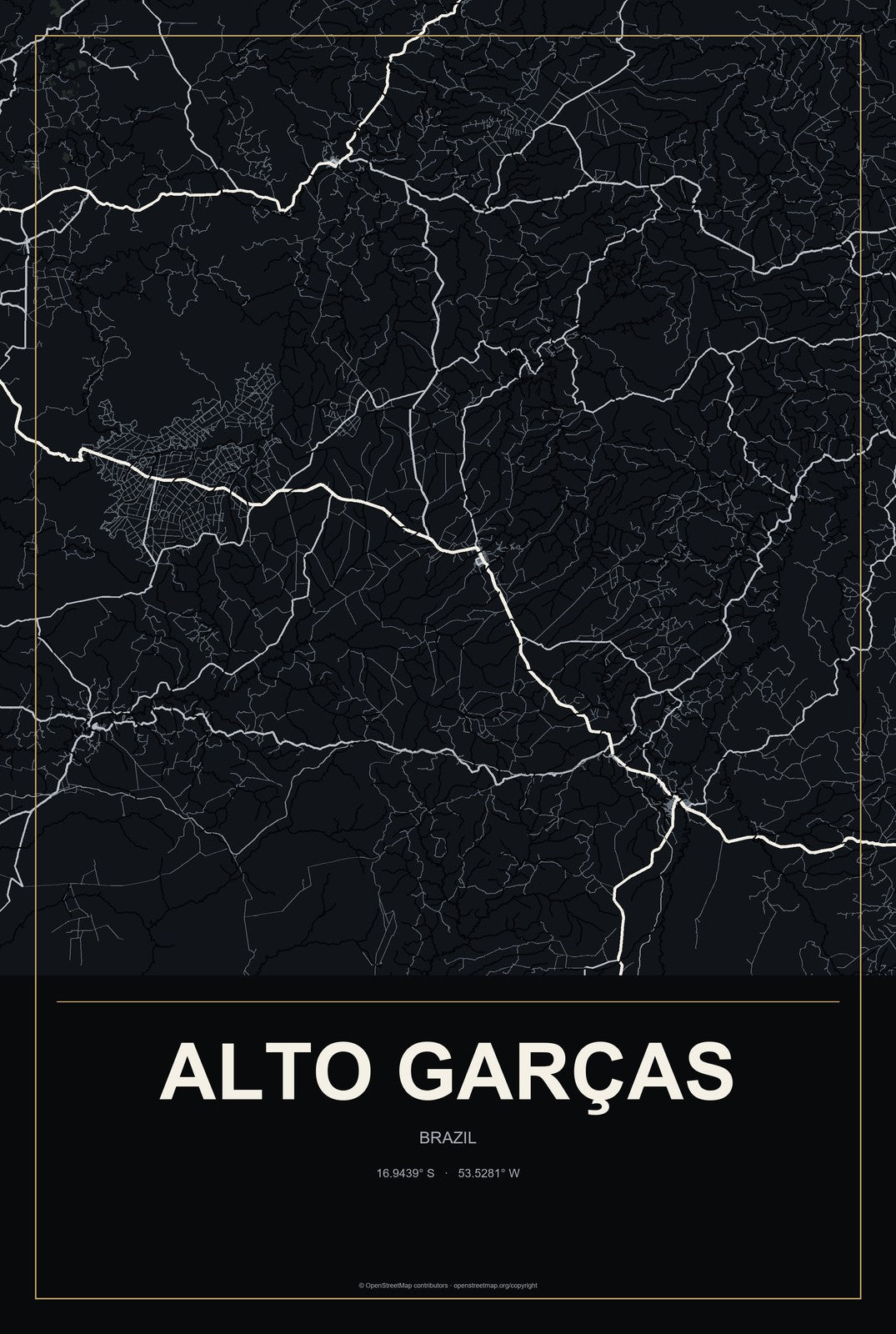 Alto Garças, Brazil City Map Aluminum Sign in Metropolitan Noir style