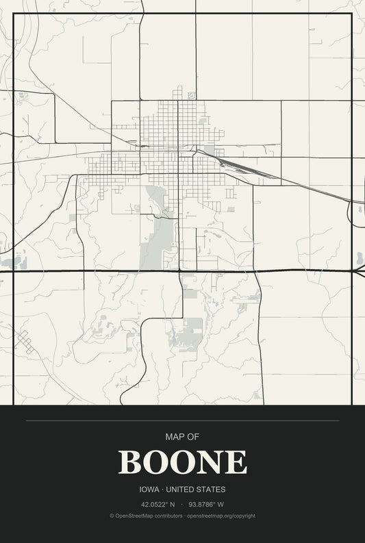 Boone, Iowa City Map Aluminum Sign in Museum Plaque style