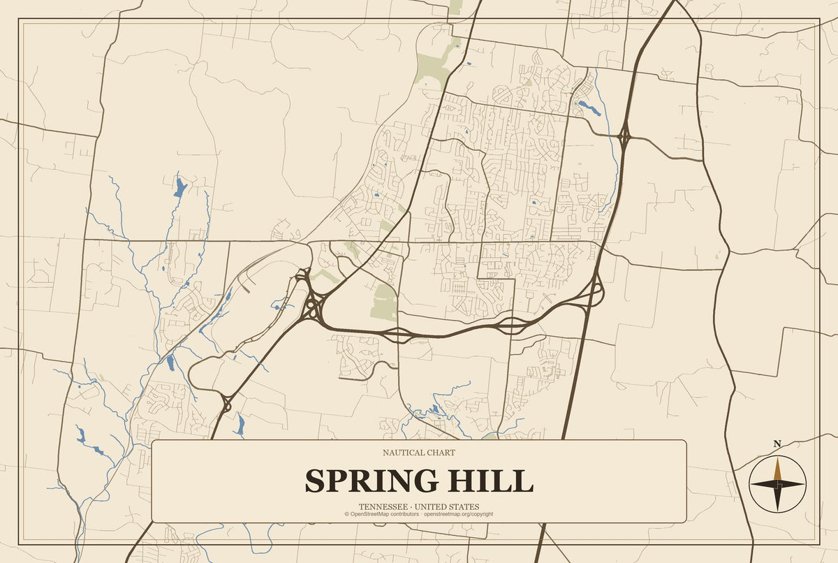 Spring Hill, Tennessee City Map Aluminum Sign in Heritage Nautical style
