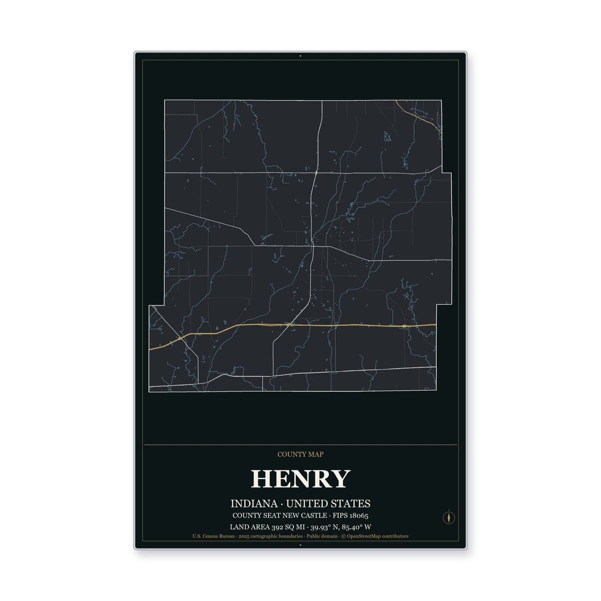 Henry County, Indiana Map Aluminum Sign in Metropolitan Noir style