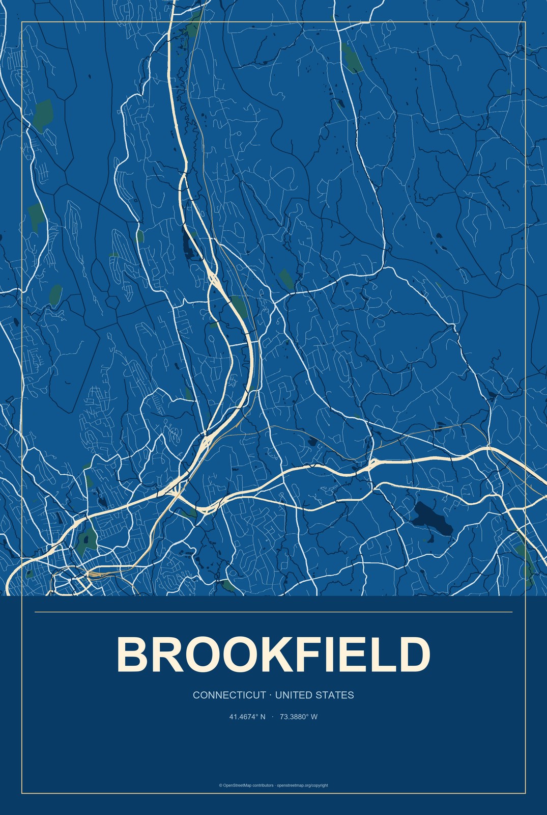 Brookfield, Connecticut City Map Aluminum Sign in Harbor Cobalt style