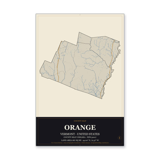 Orange County, Vermont Map Aluminum Sign in Museum Plaque style