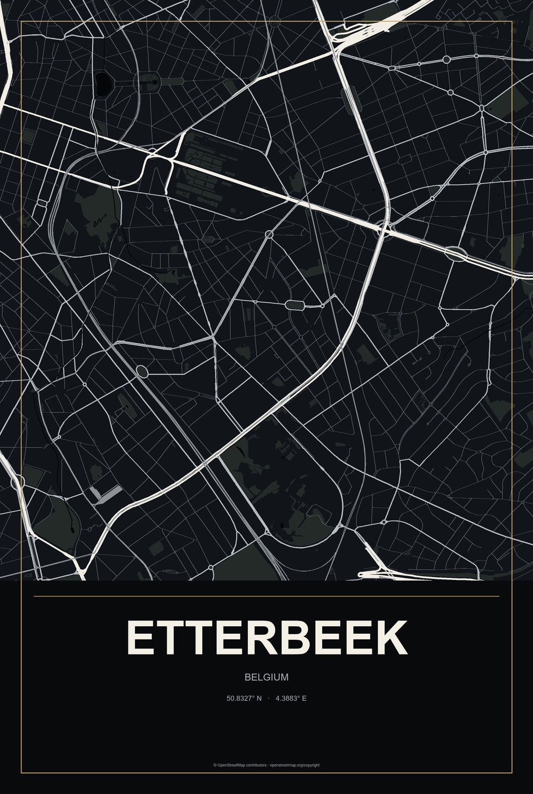 Etterbeek, Belgium City Map Aluminum Sign in Metropolitan Noir style