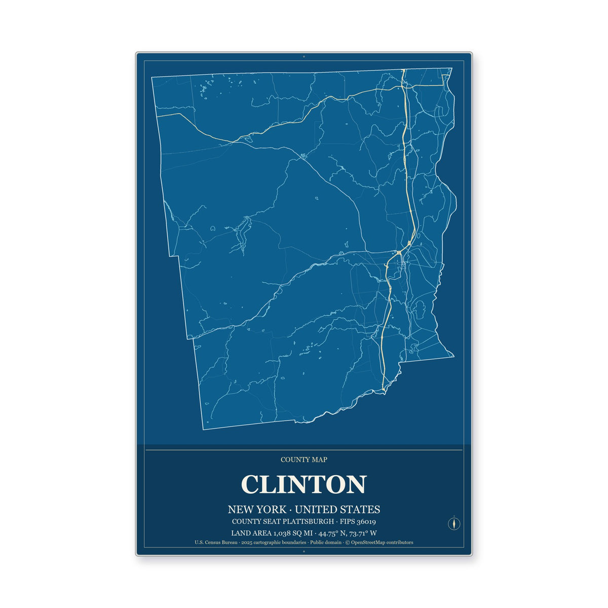 Clinton County, New York Map Aluminum Sign in Harbor Cobalt style