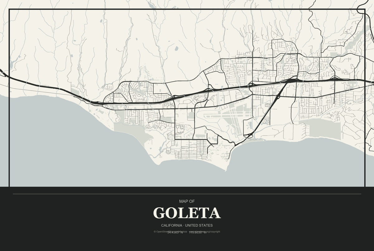 Goleta, California City Map Aluminum Sign in Museum Plaque style
