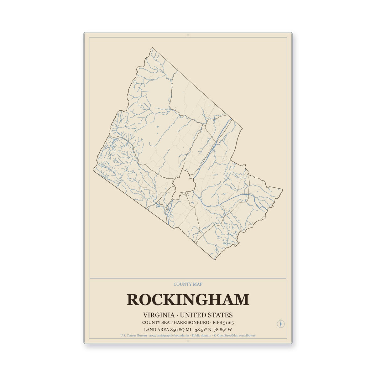 Rockingham County, Virginia Map Aluminum Sign in Heritage Nautical style