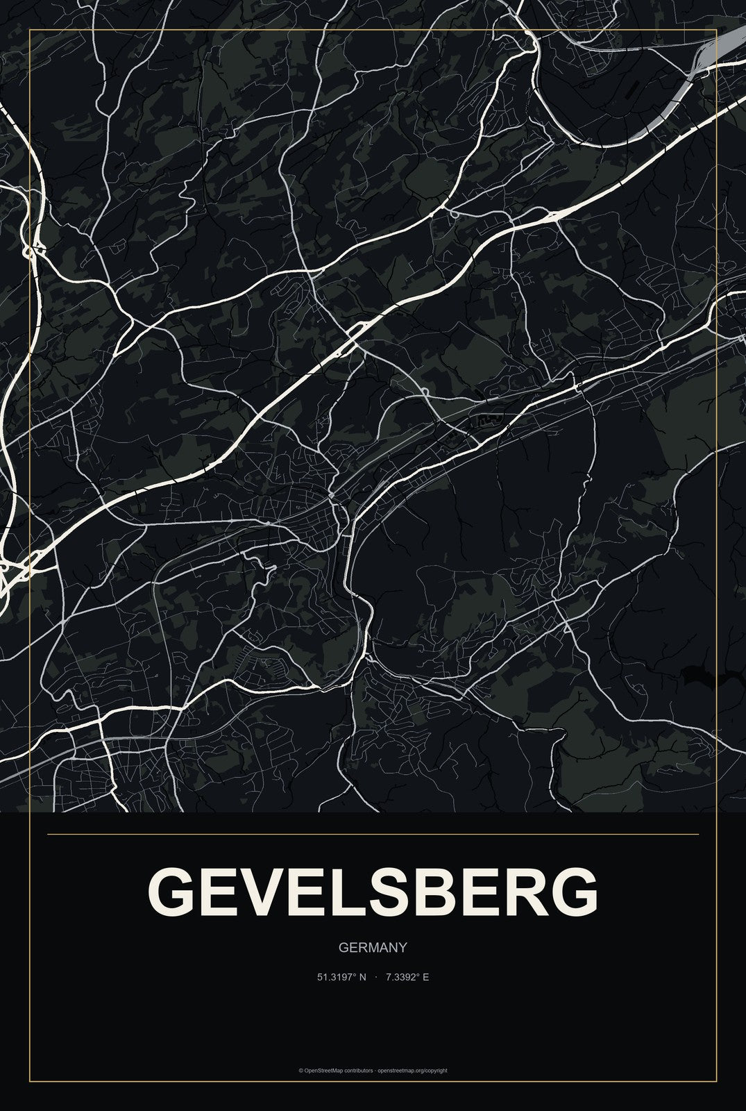 Gevelsberg, Germany City Map Aluminum Sign in Metropolitan Noir style