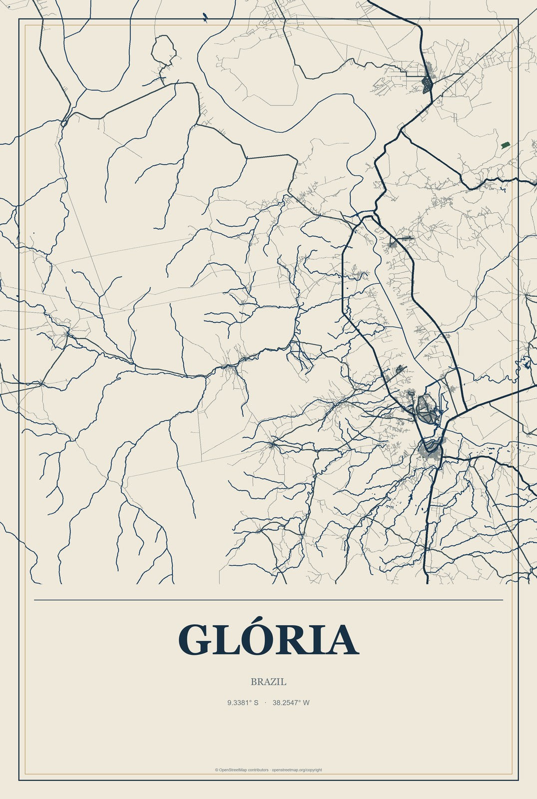 Glória, Brazil City Map Aluminum Sign in Coastal Cutout style