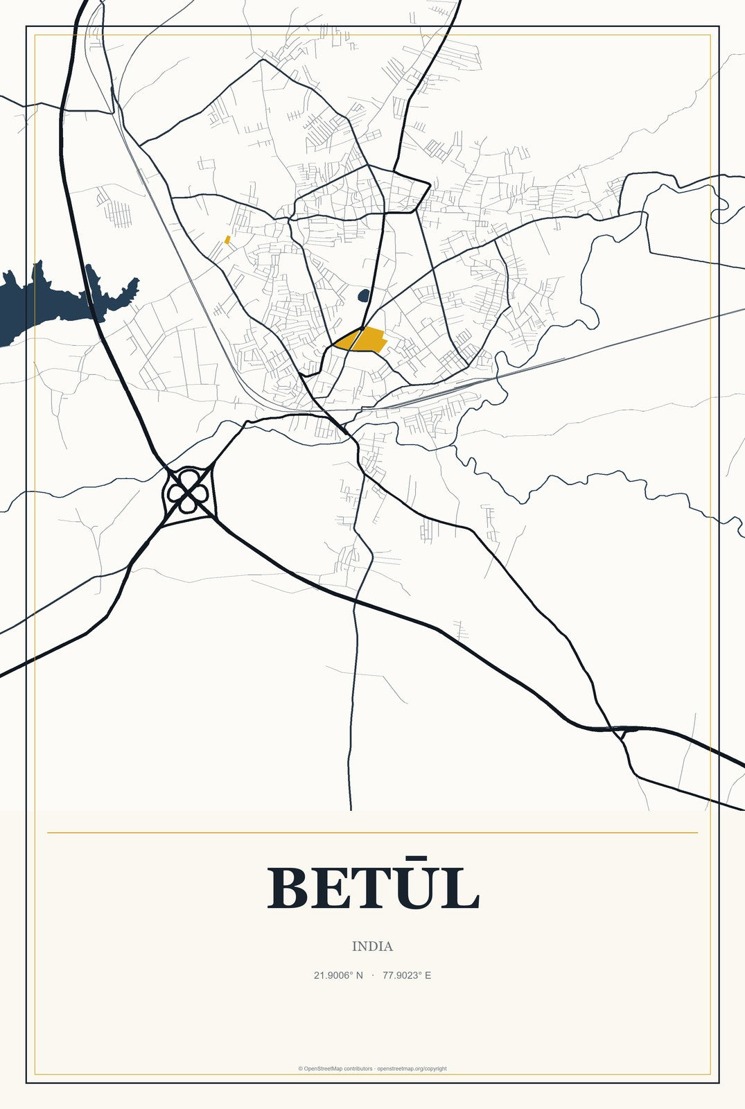 Betūl, India City Map Aluminum Sign in Citrine Modern style