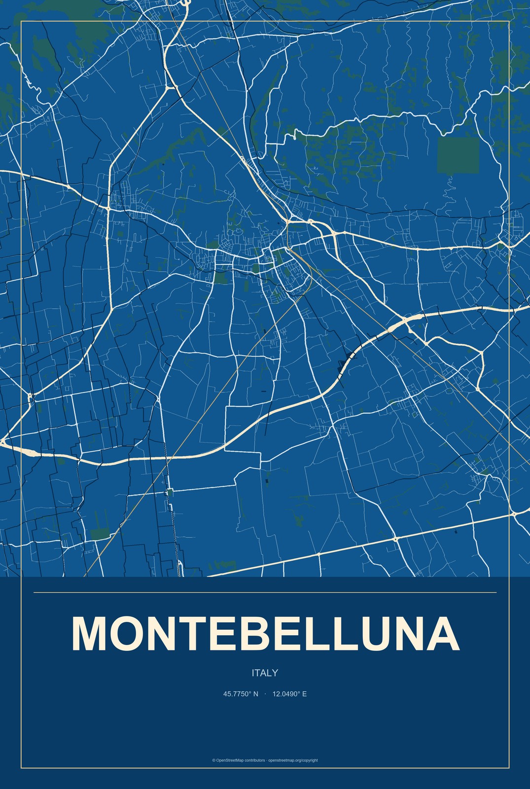 Montebelluna, Italy City Map Aluminum Sign in Harbor Cobalt style