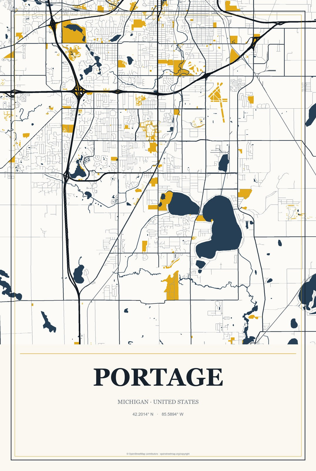 Portage, Michigan City Map Aluminum Sign in Citrine Modern style