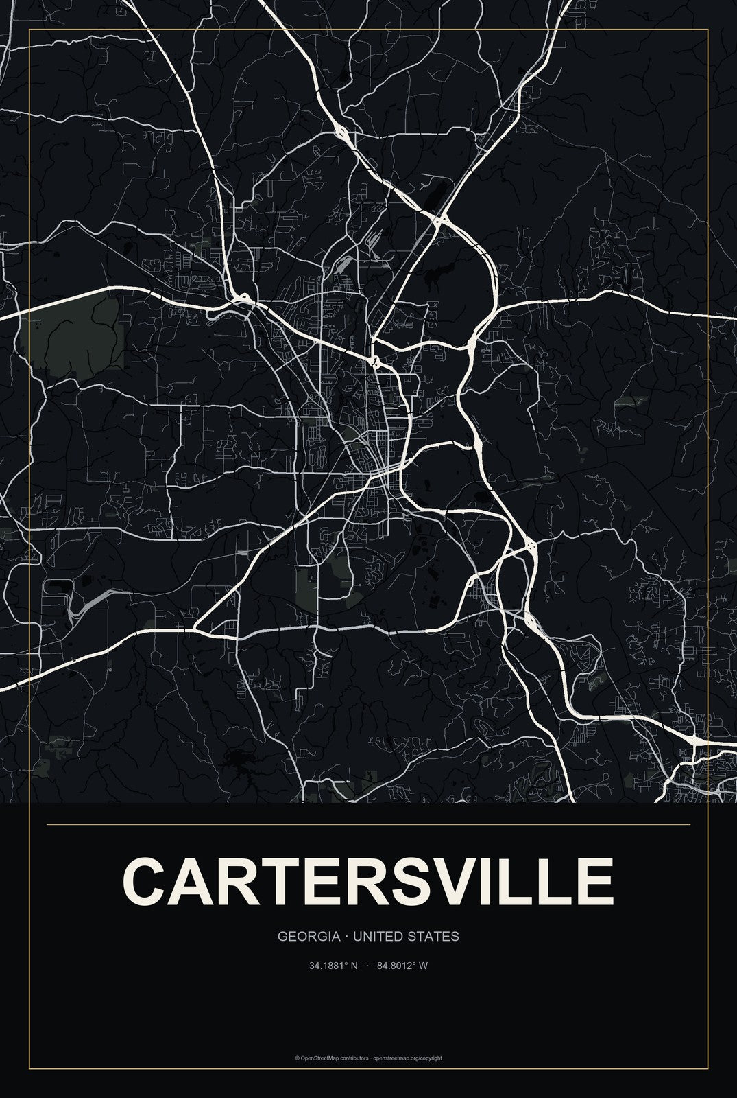Cartersville, Georgia City Map Aluminum Sign in Metropolitan Noir style